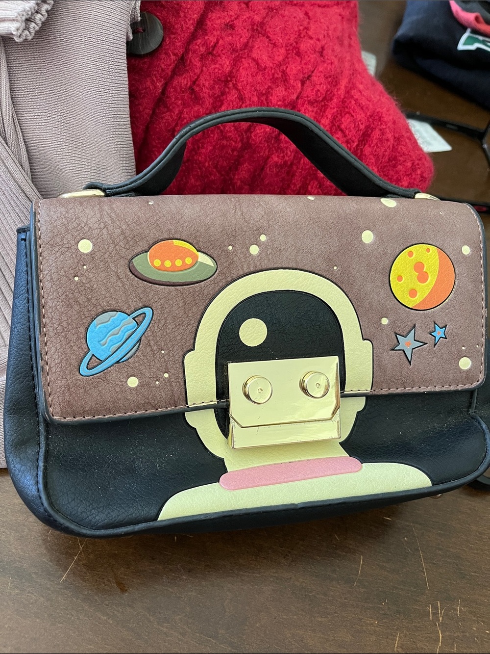 Playful C-3PO Space Patchwork Satchel Handbag - Black and Brown